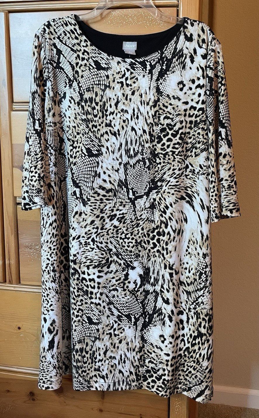 Chico’s Animal Print Shift Dress 3P XL 3/4 Sleeve Knee Knit Stretch NWT