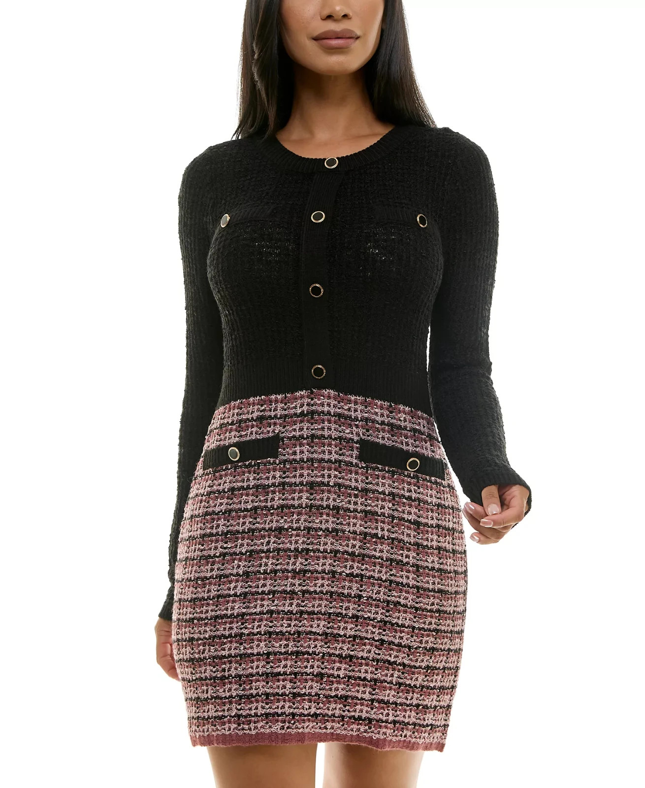 BCX Juniors’ Button-Trim Tweed-Skirt Sweater Dress MSRP $69
