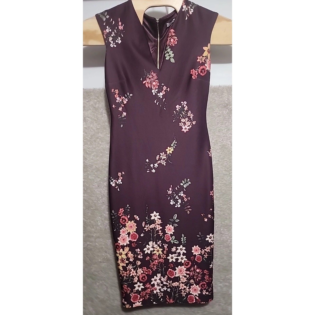 7th Avenue Design Studio Sheath Dress Women S Plum Floral V-Neck Sleeveless Zip