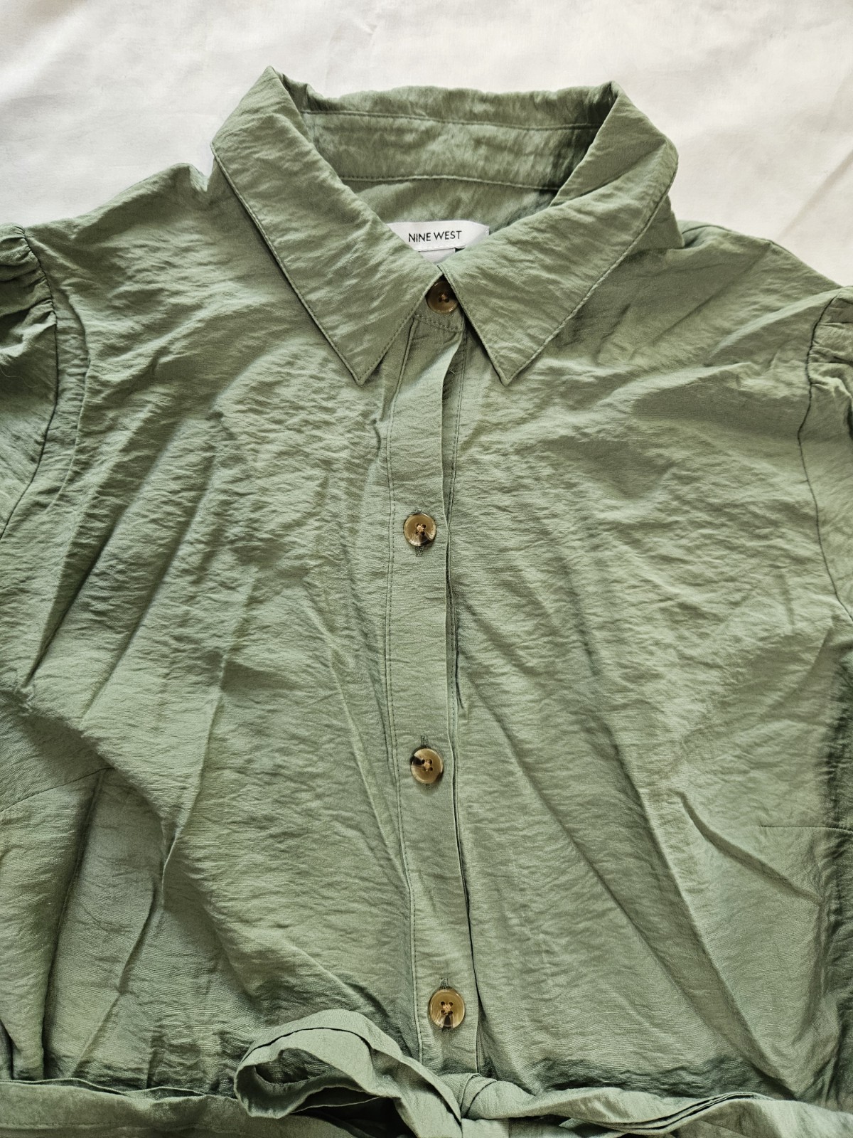 Nine West Womens M Sage Green Button Down Shirt Dress Midi Tie Waist Long Sleeve
