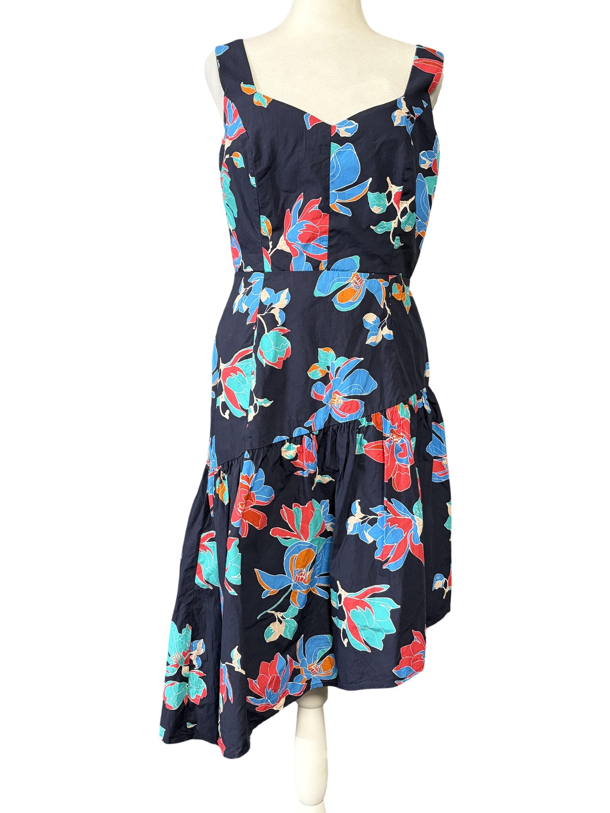 Du Paradis Womens Sundress S Blue Floral Asymmetrical Ruffle Cotton Fit Flare