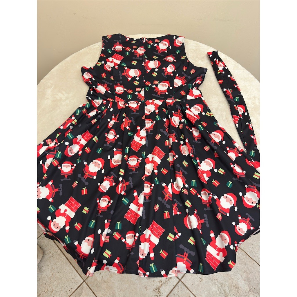 OUGES Dress Womens 2XL Black Santa Claus Christmas Print Fit & Flare Belt
