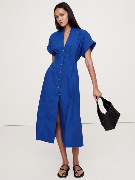 Banana Republic Size 2 Cotton Poplin Shirt Dress Cape Blue Cobalt w Pockets NWT