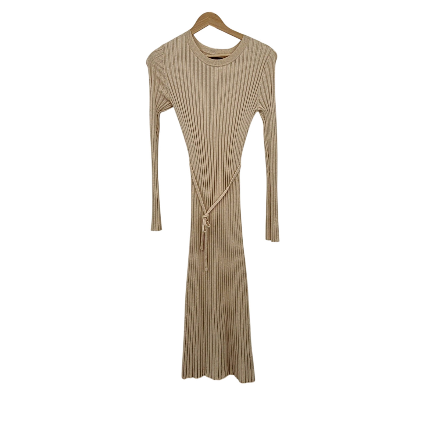Quince Women Cotton Cashmere Ribbed Long Sleeve Crew Midi Dress Oatmeal M