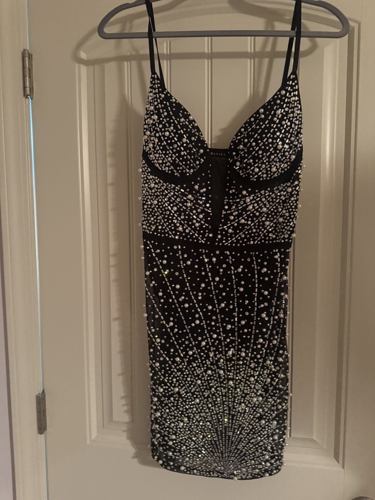 Windsor Black Rhinestone Beaded Mesh Lined Stretch Bodycon Mini Dress L