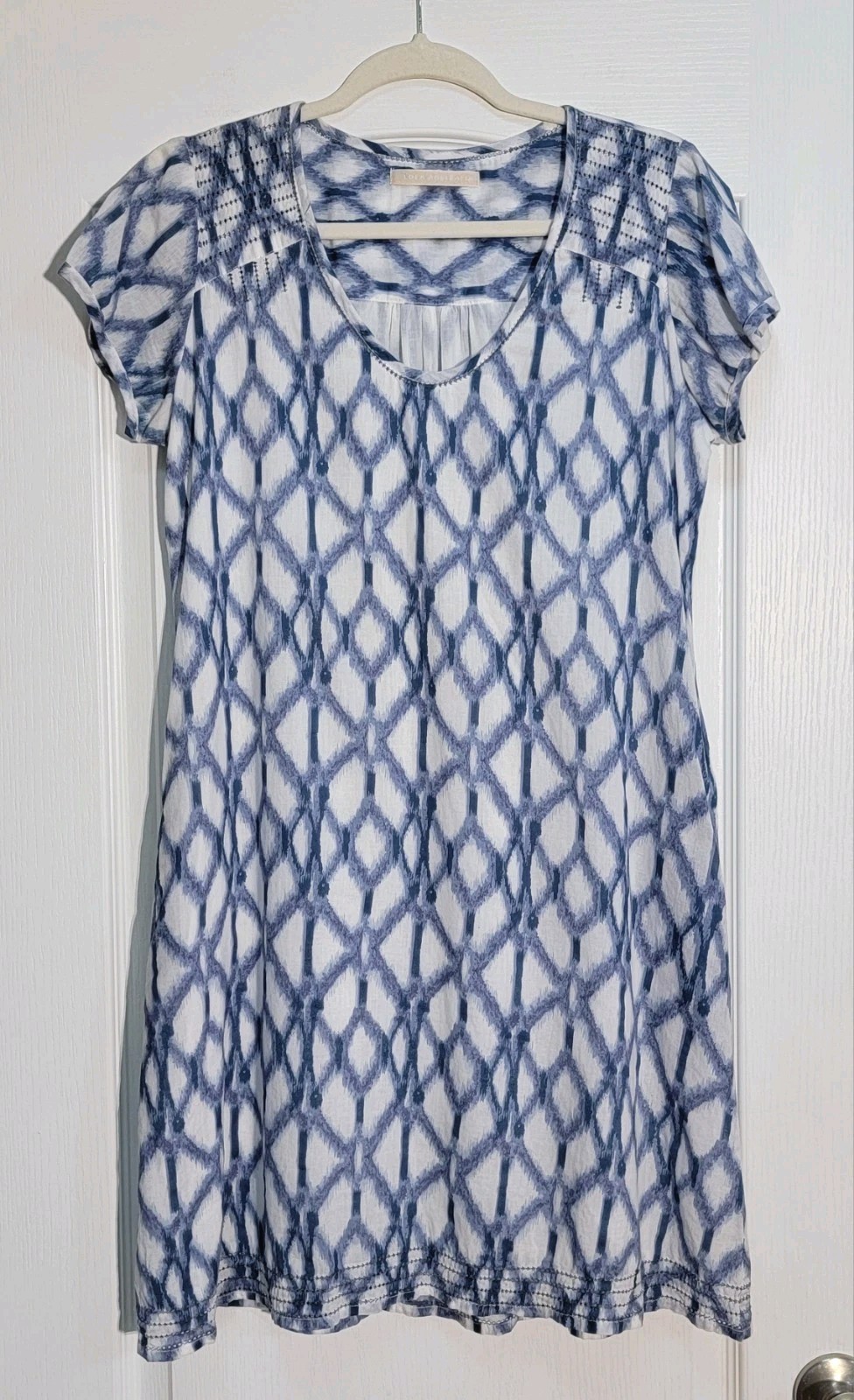 Lola Australia Dress Small Blue White 100% Cotton Short Sleeve Pockets Coastal