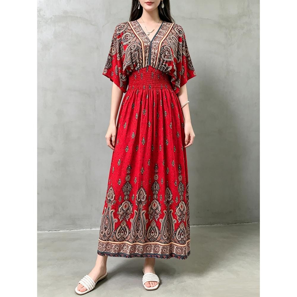 Women Bohemian Elegant Casual Dress Elastic Waist Stretchy Waistband All Fit
