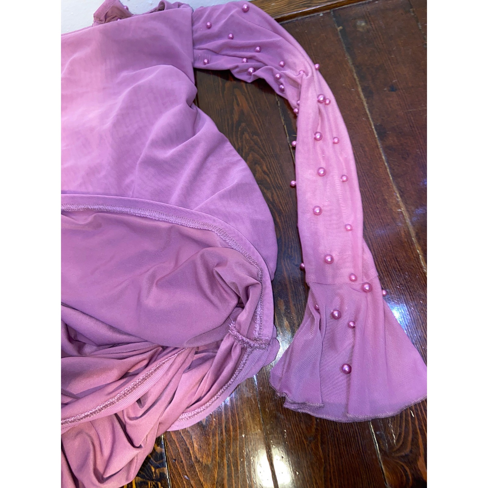 Cider Pink Mesh Pearl Flare Sleeve Corset Ruched Mini Dress Coquette Barbiecore