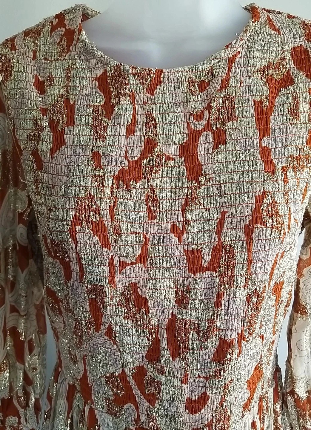Boden Smocked Jacquard Maxi Dress Rust Copper Paisley Gold Metallic US 8 EUC