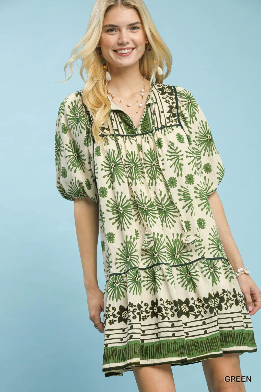 Umgee Green Multi Medallion Print Dress Peasant Silhouette Coordinating Border