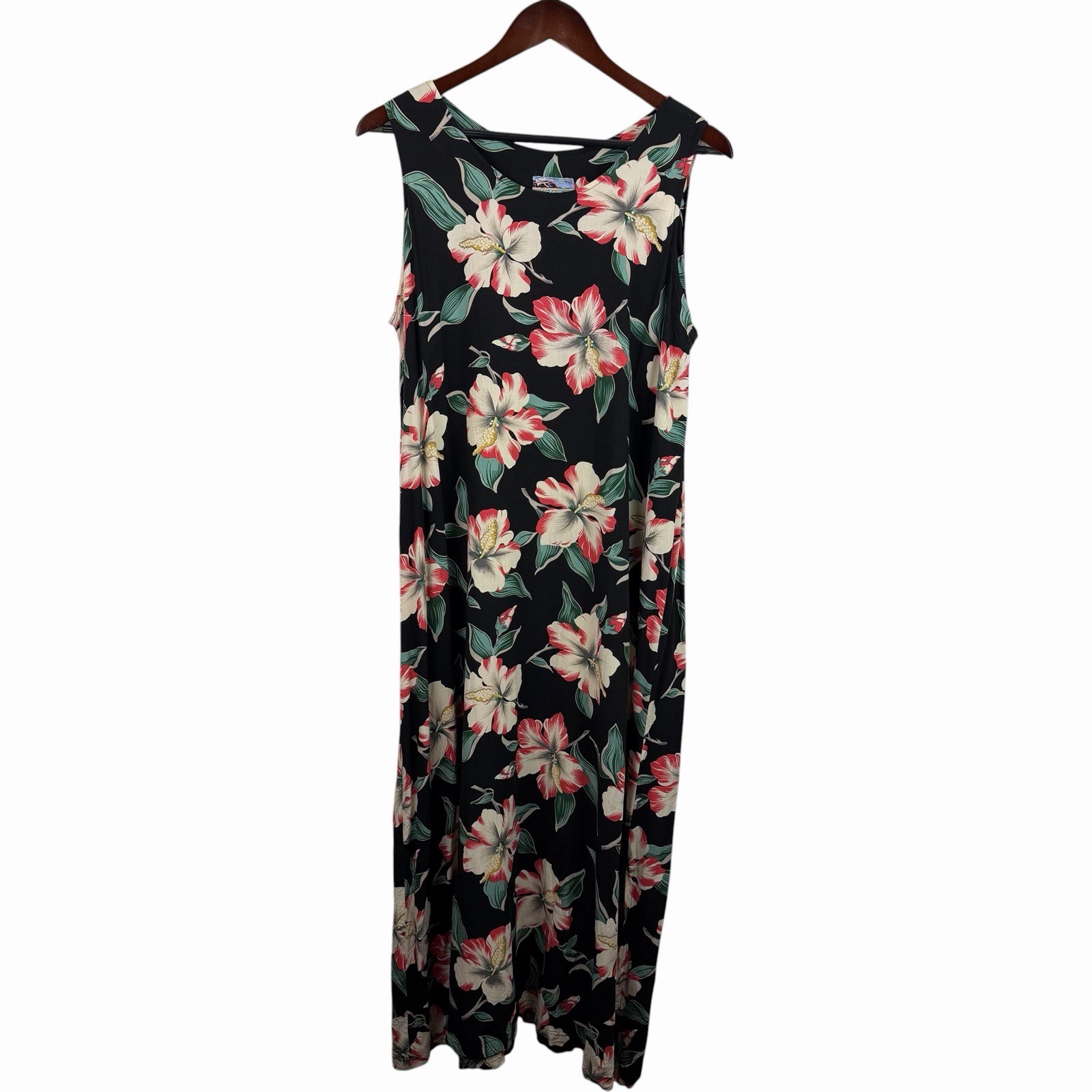 Reyn Spooner Vintage Size Large Black Tropical Hibiscus Print Maxi Dress Hawaii
