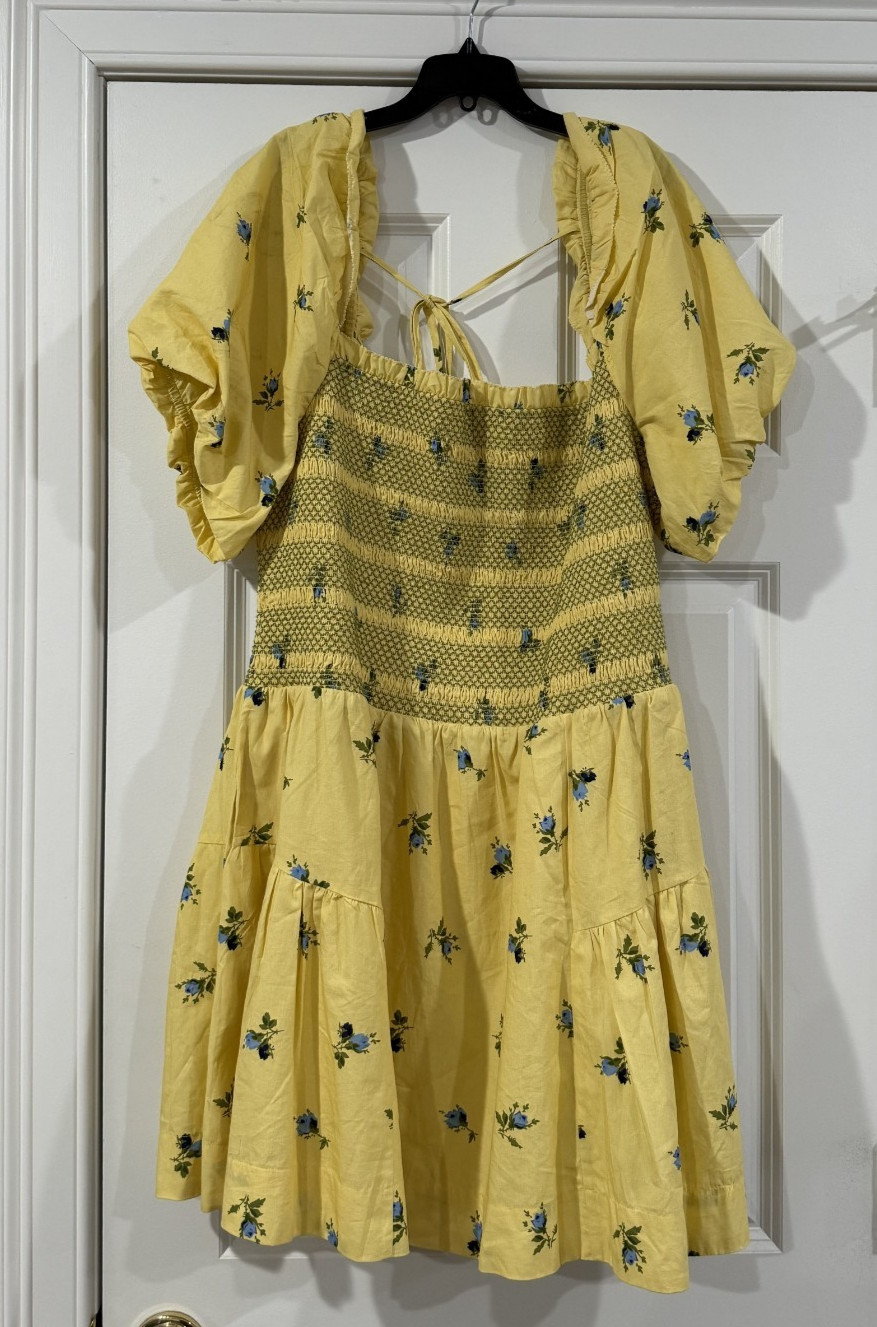 Anthropologie Puff-Sleeve Square-Neck Smocked 100% Cotton Mini Dress XL NWT