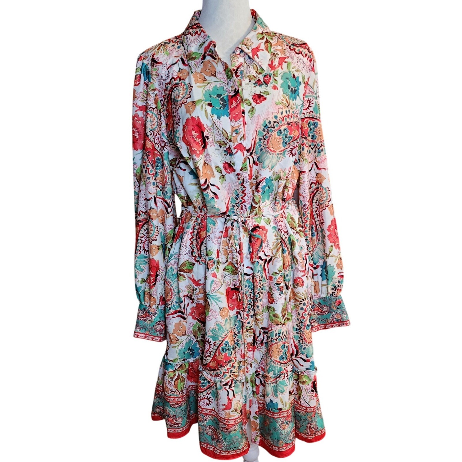 Julia Jordan Womens XL Floral Paisley Button Front Tie Waist Ruffle Dress