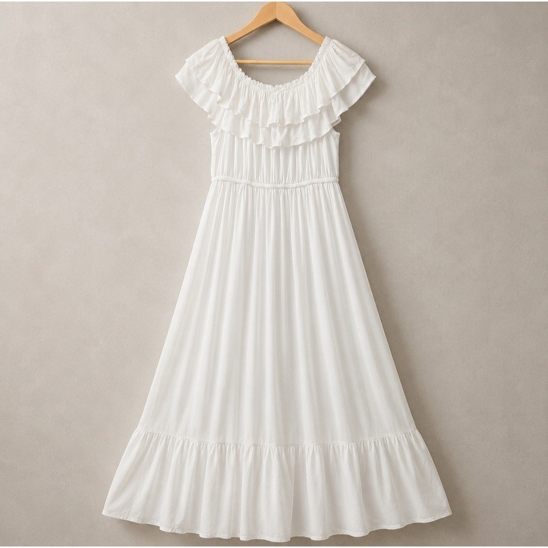 White Cottagecore Maxi Dress Off Shoulder L Cotton Blend Vacation Honeymoon