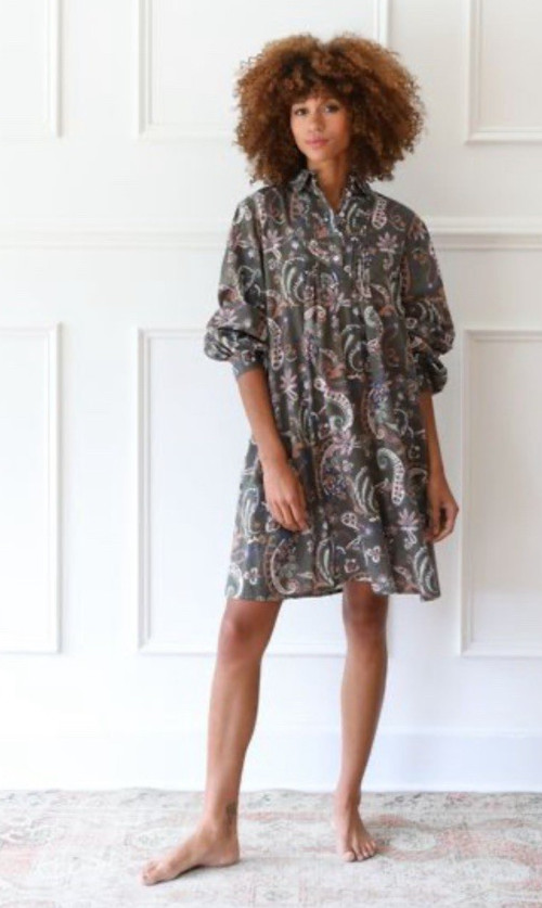 Mille Resort & Travel Bonnie Dress Small Green Paisley Cotton Poplin Poet Sleeve