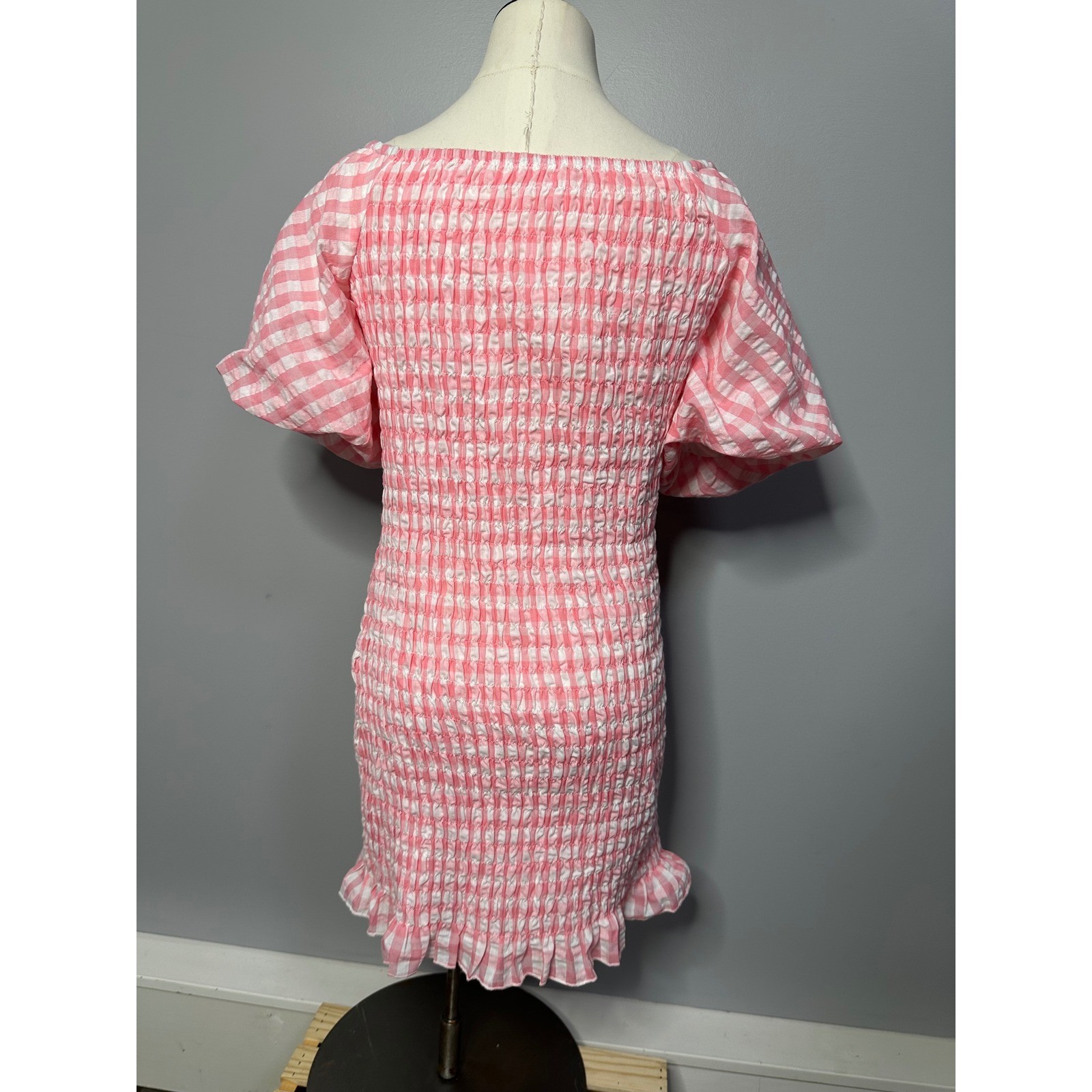 Pink Lily Gingham Smocked Pink Mini Dress Short Puff Sleeve Ruffle Hem Womens L