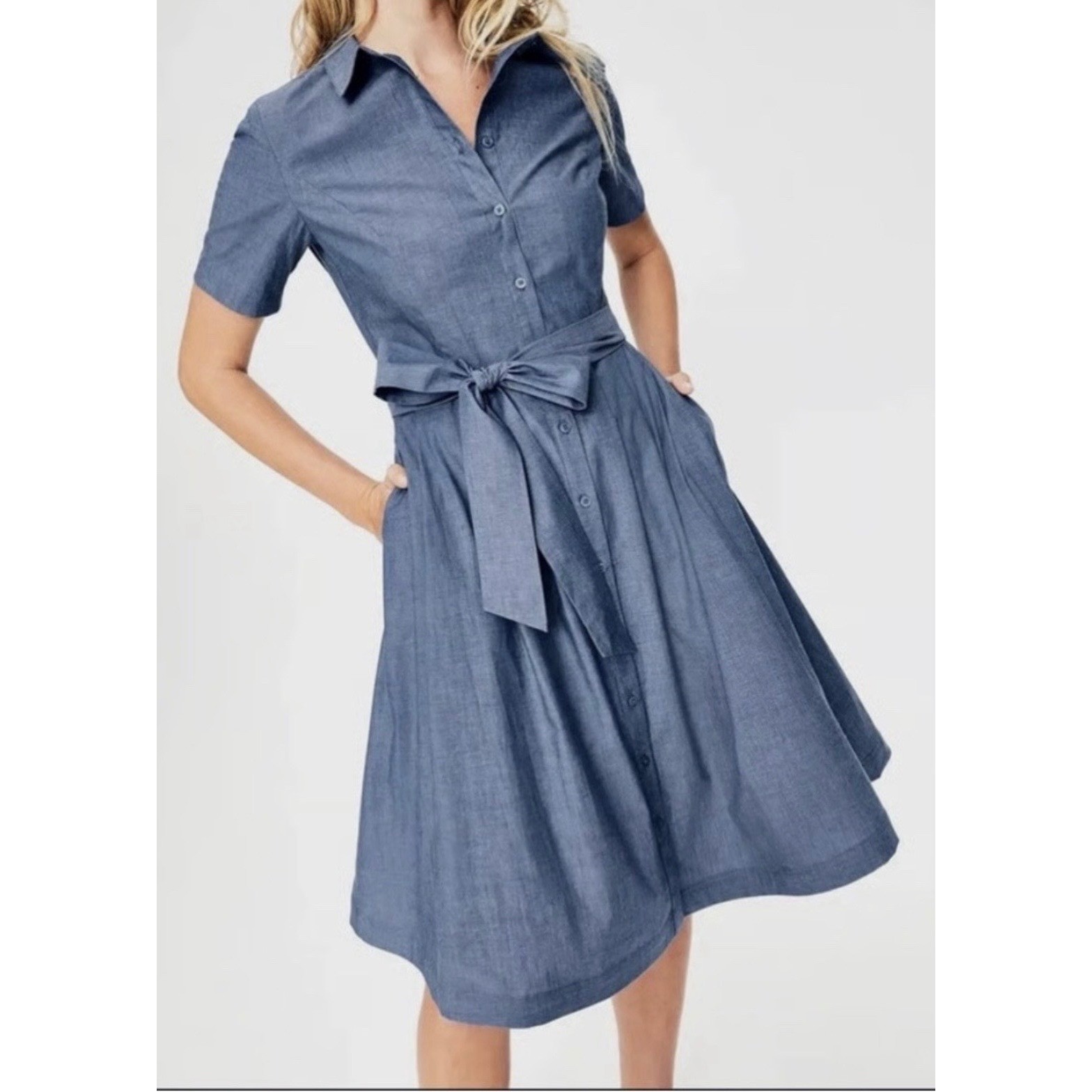 Boden Womens Blue Cotton Shirt Dress Short Sleeve Belted Midi Size US 10R 14R