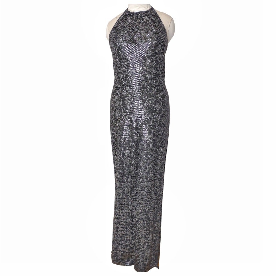 ST JOHN COUTURE Long Black Halter Dress Size 6 Formal Sequin Faux Snakeskin
