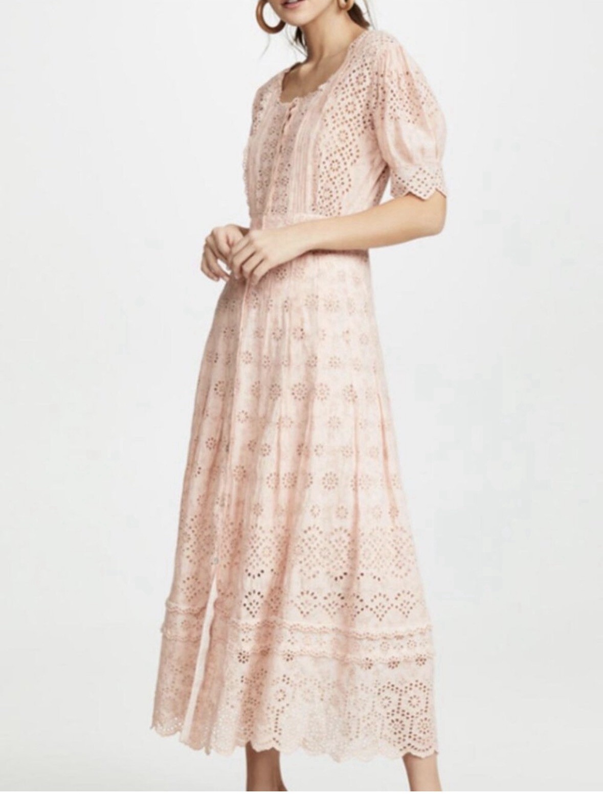 LoveShackFancy Helena Pink Eyelet Floral Square Neck Puff Sleeve Maxi Dress SZ 8