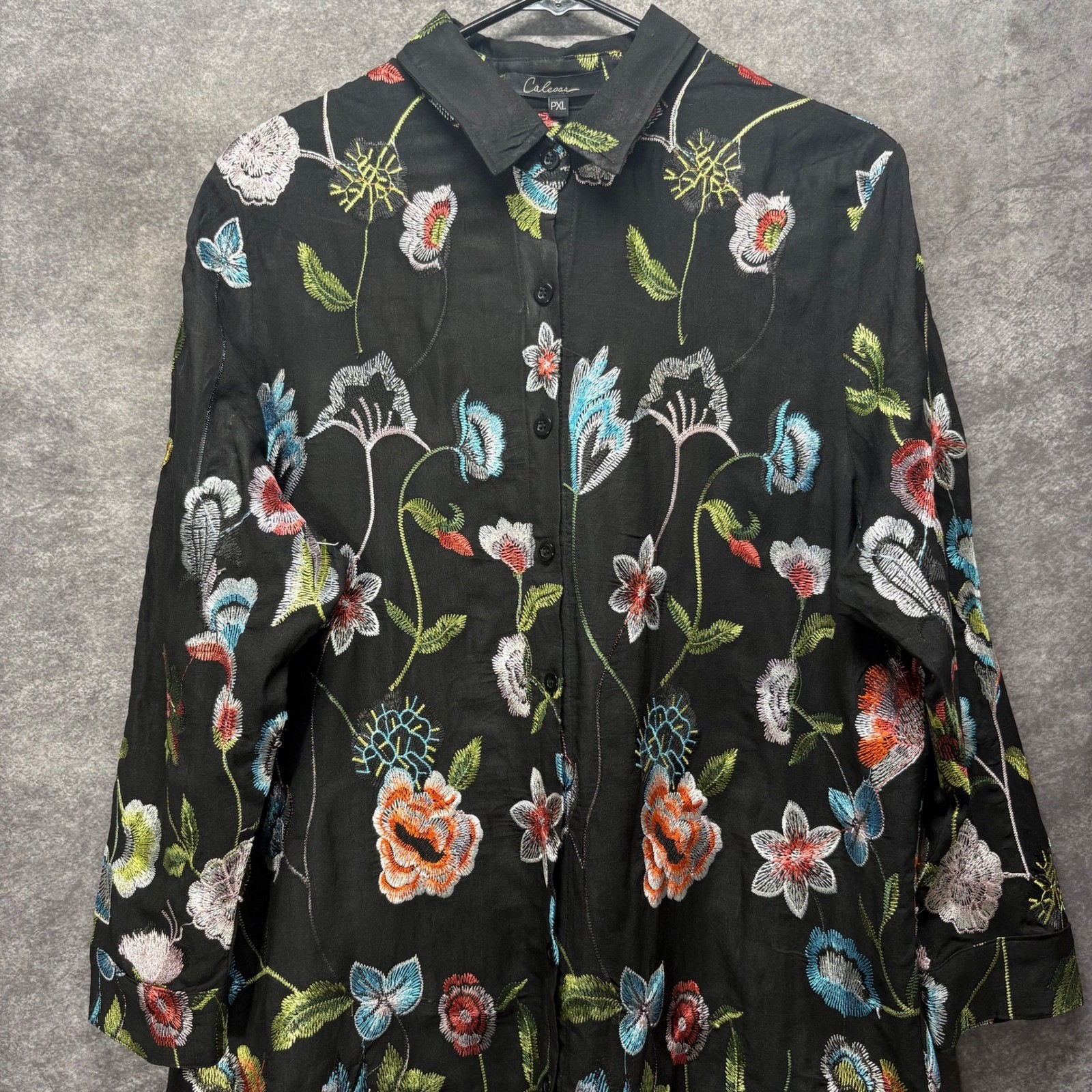 Calessa Black Floral Embroidered Button Up Mini Shirt Dress Tunic Size PXL Fairy