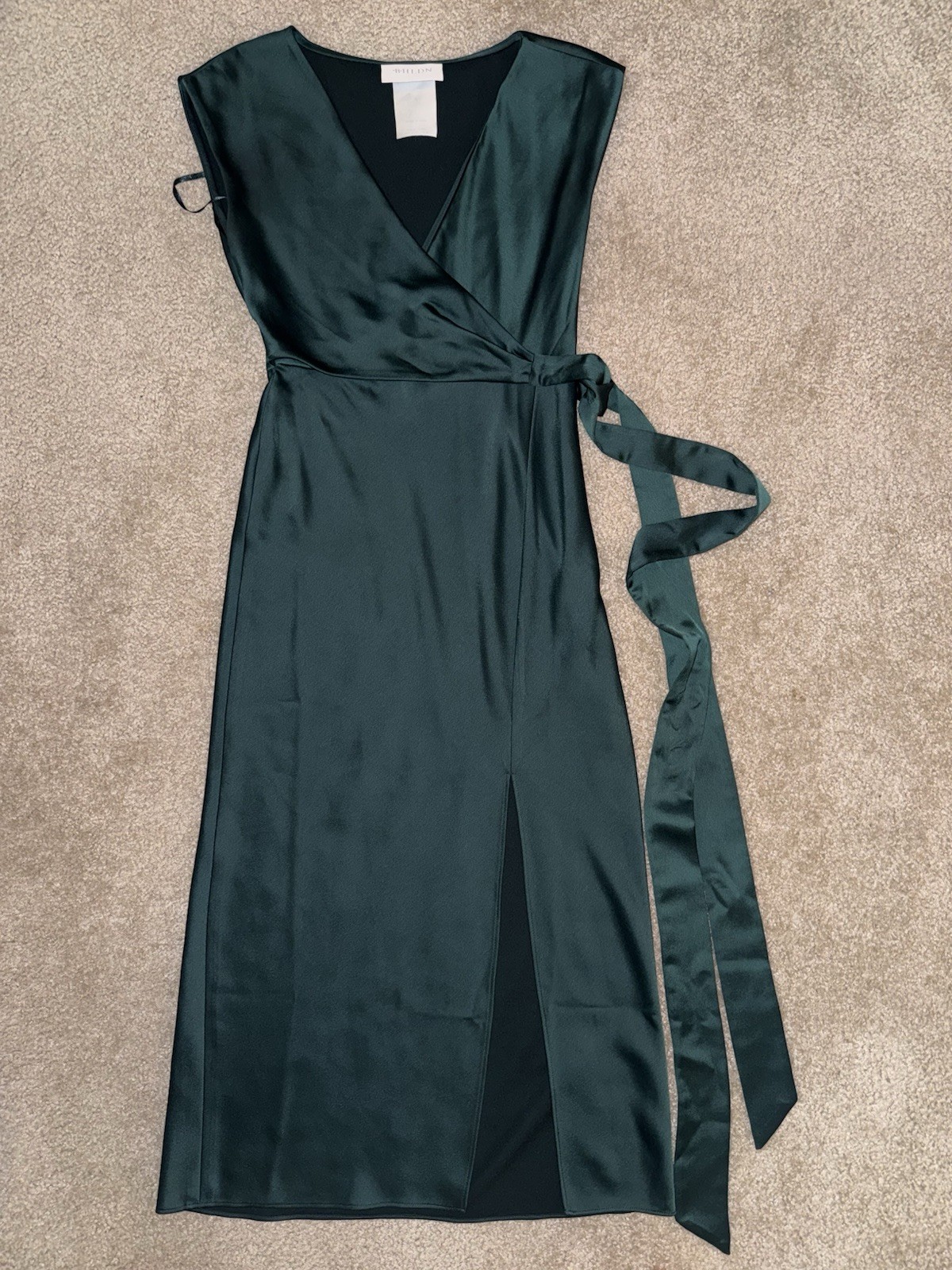 BHLDN Louisa Satin Charmeuse Midi Dress Wrap Emerald Green Size 0 Anthropologie