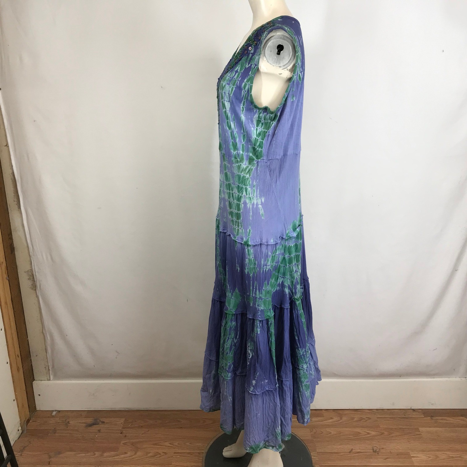 Lola P Maxi Dress Tie Dye V Neck Beaded Embellished Tiered Skirt Blue Green XL