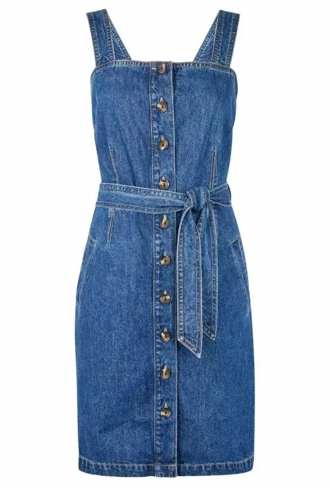 BEAUTIFUL DENIM PINAFORE BUTTON FRONT BELTED SIDE POCKETS DRESS SIZE UK 14 NEW