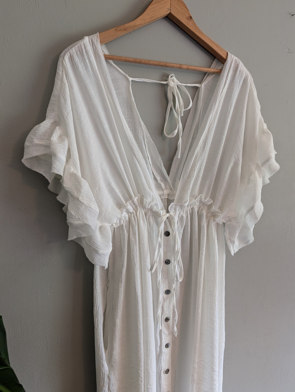 White Gauze Maxi Dress Cover Up Flowy Button Front Tie Back Boho Beach Feminine
