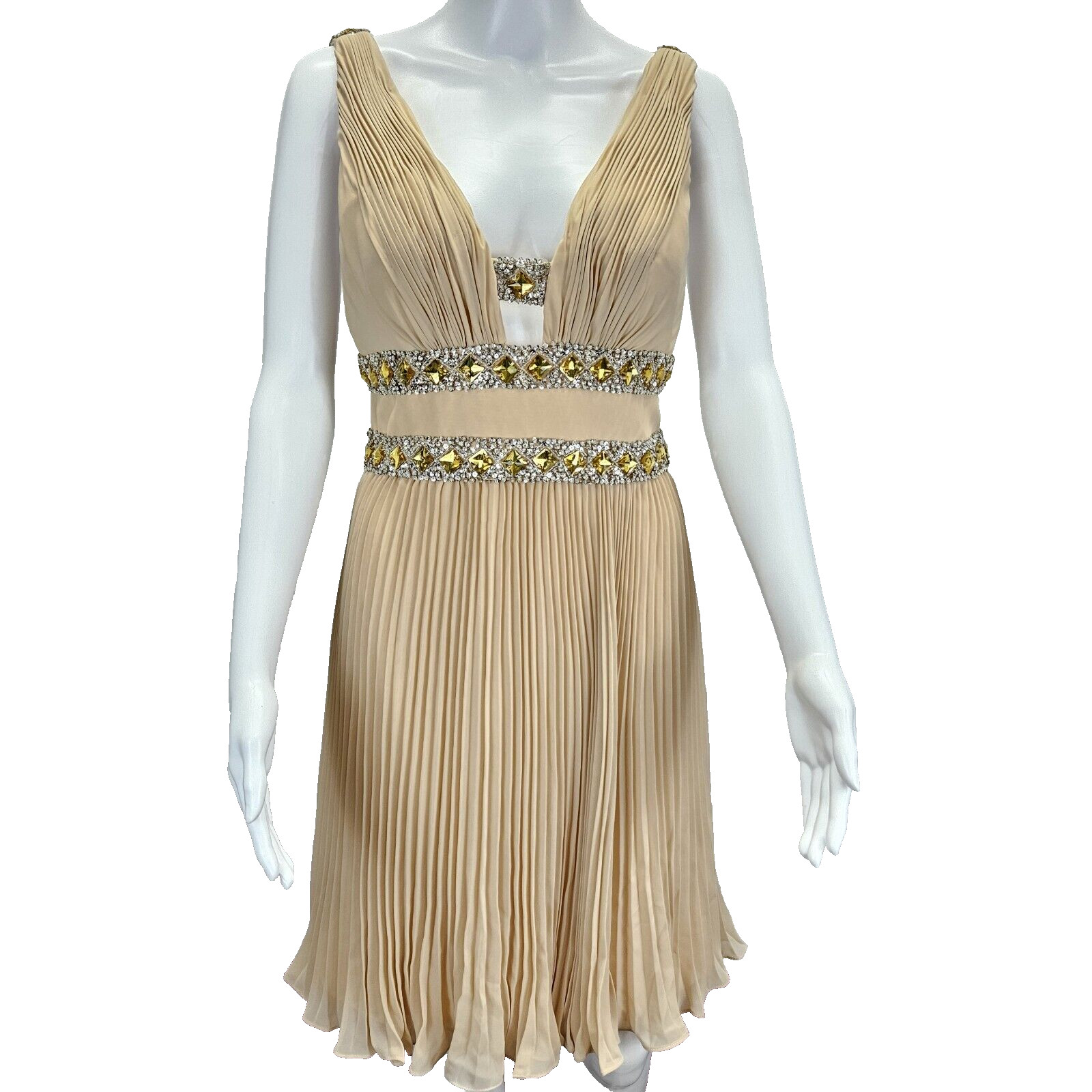 Basix Black Label Dress 6 Beige Pleated Rhinestone Cocktail Evening Prom
