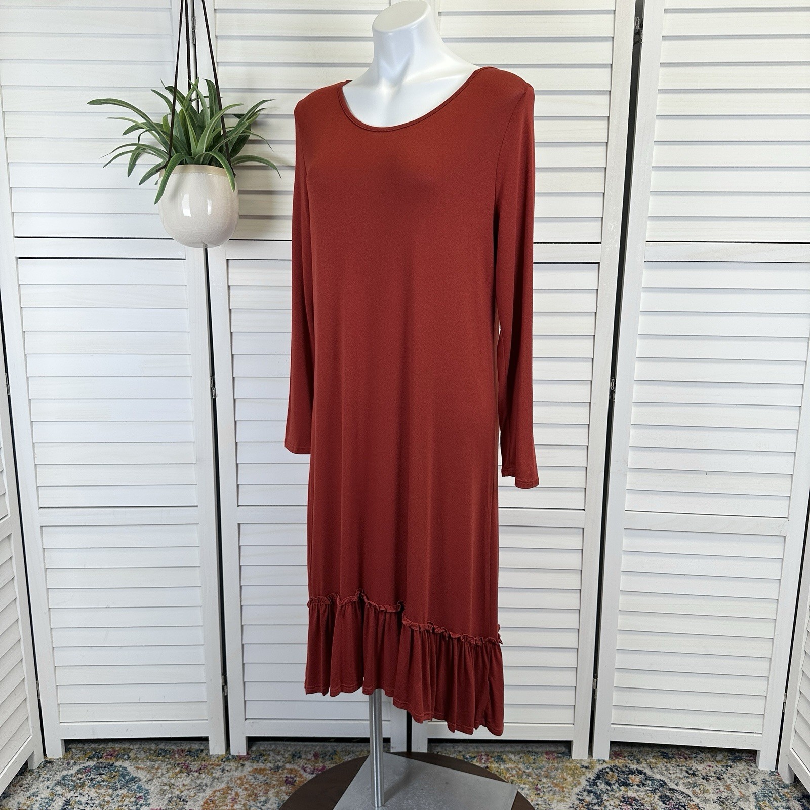 New Stevie Hender Brick Red Tiered Maxi Dress Long Sleeve Stretch Knit Size L