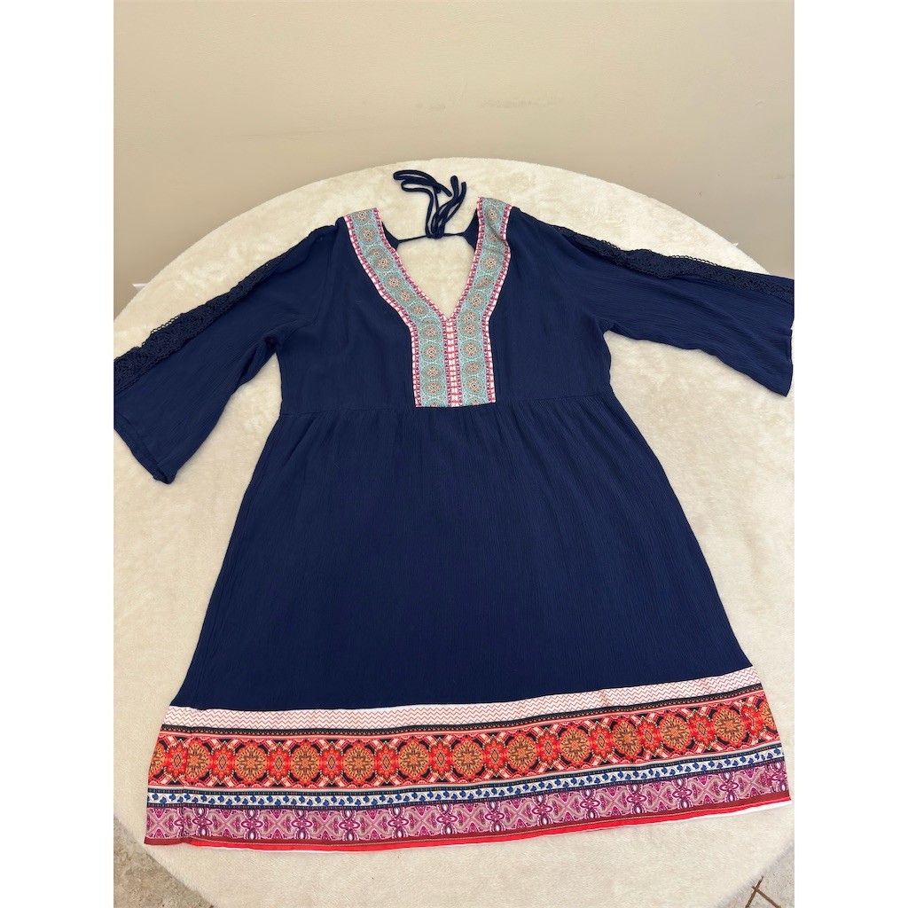 White Mark Tunic Dress Womens M Navy Blue Boho Embroidered Bell Sleeve