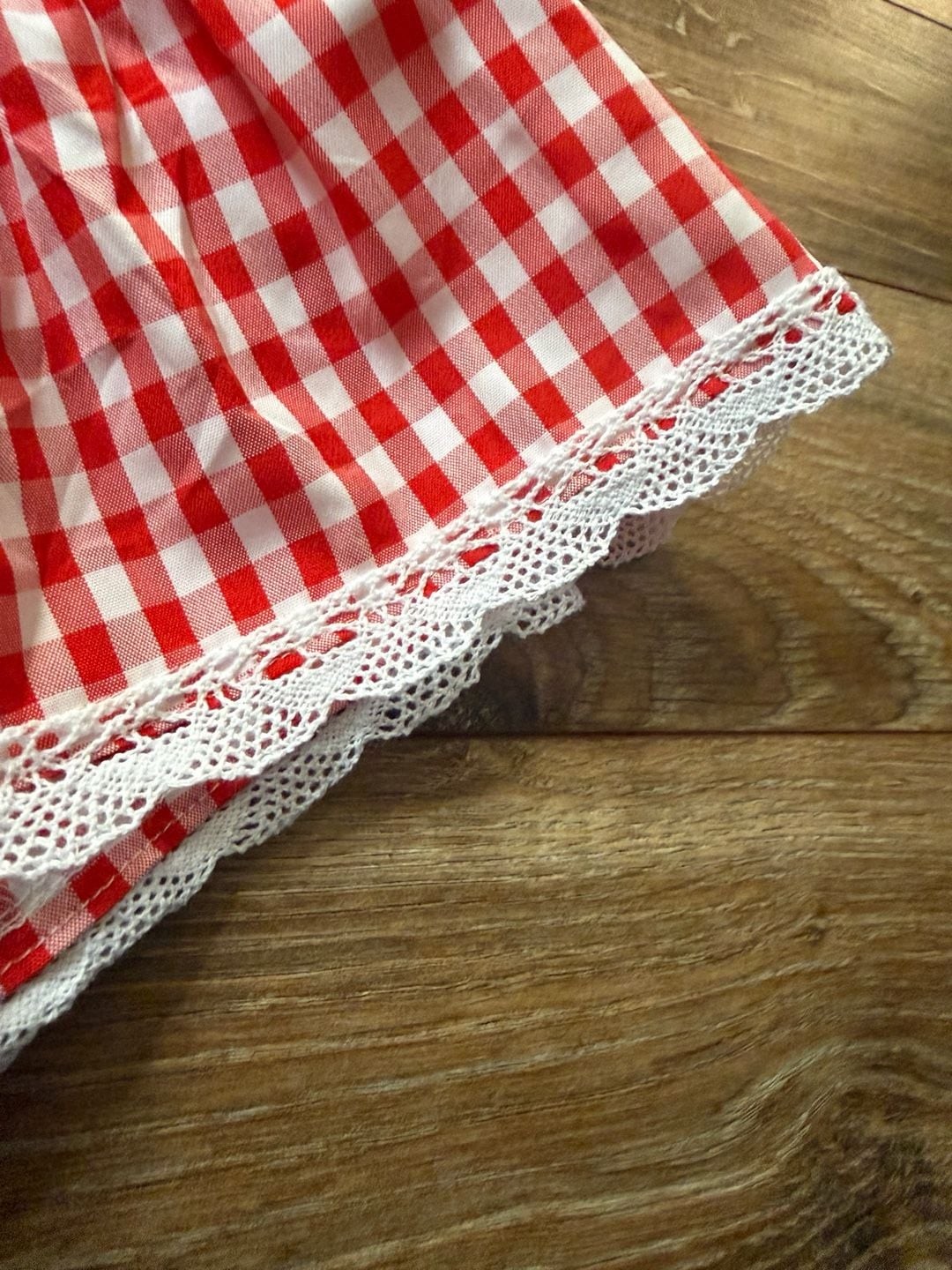 Red and White Gingham Spaghetti Strap Tiered Mini Dress with Lace Trim and Back