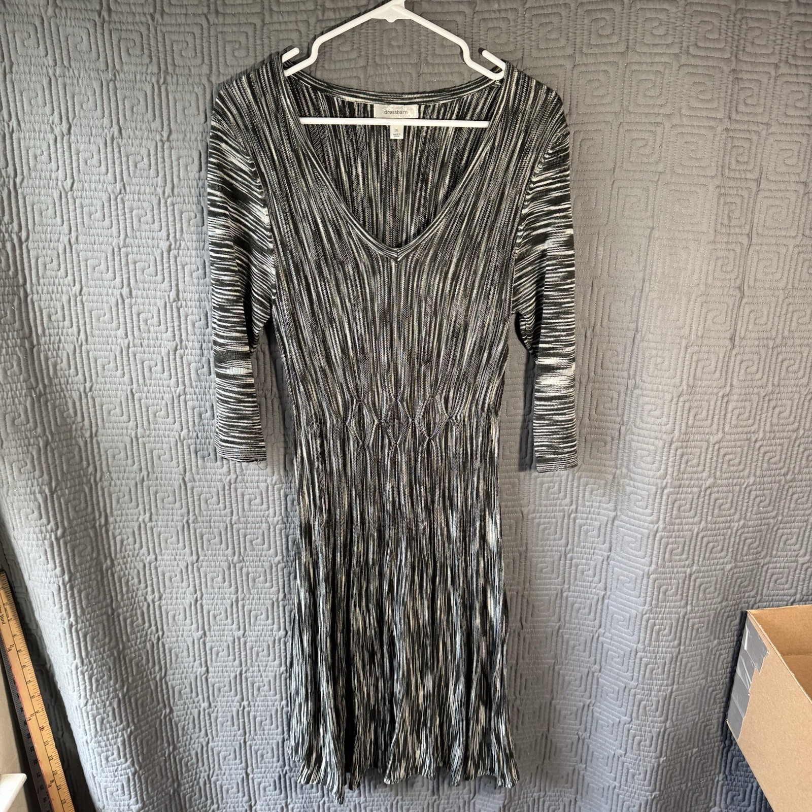 Dressbarn Black White Marled Knit Fit Flare Sweater Dress XL V-Neck 3/4 Sleeve