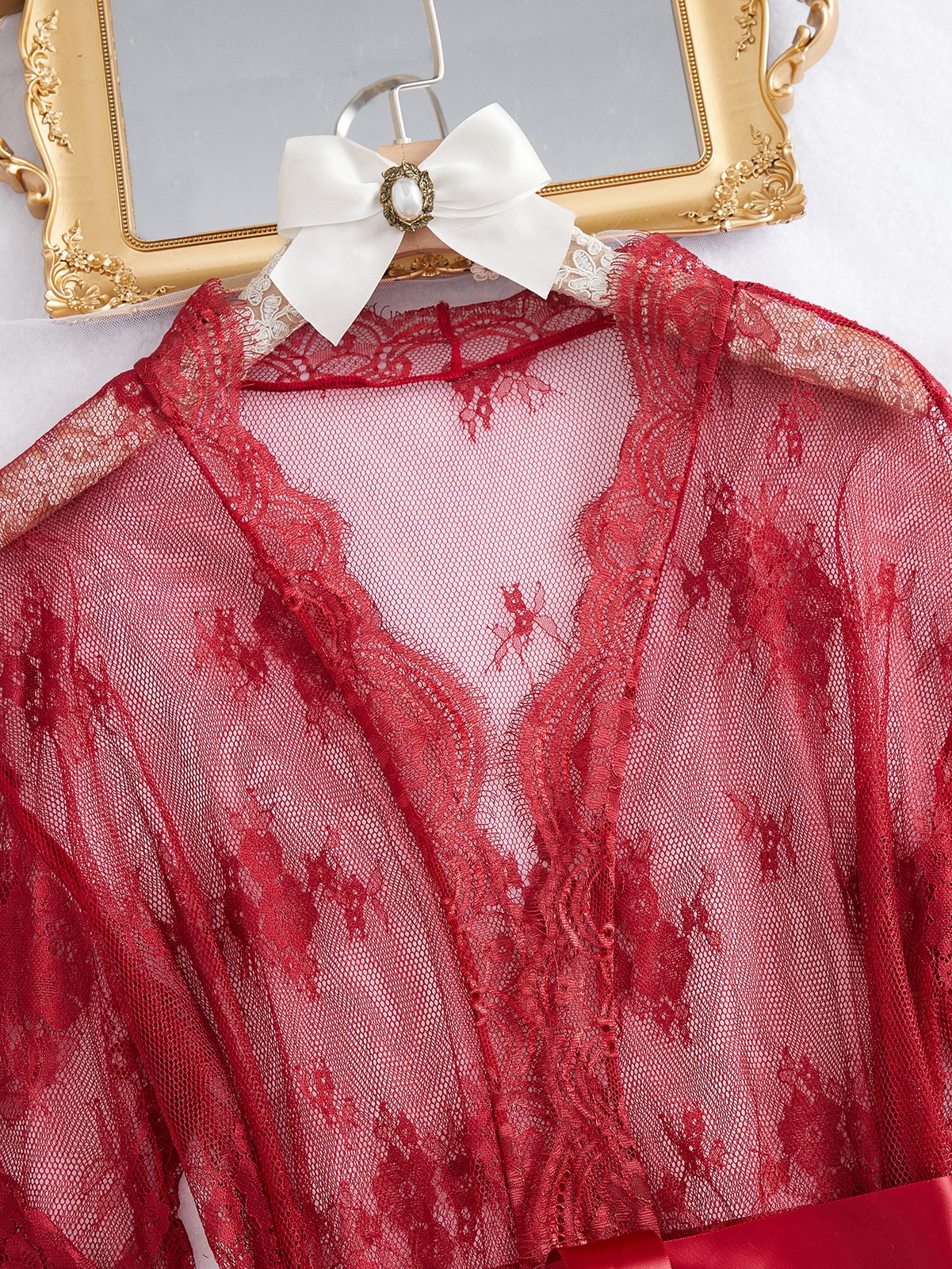 Women Sexy Lingerie Set 3 Piece Lace Kimono Robe with Lace Teddy Underwear Red