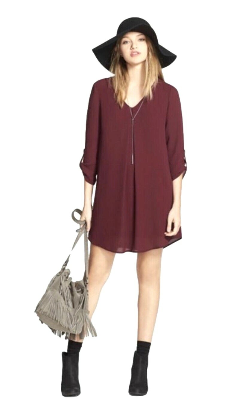 Lush Womens Long Sleeve V Neck Shift Mini Dress Burgundy Small