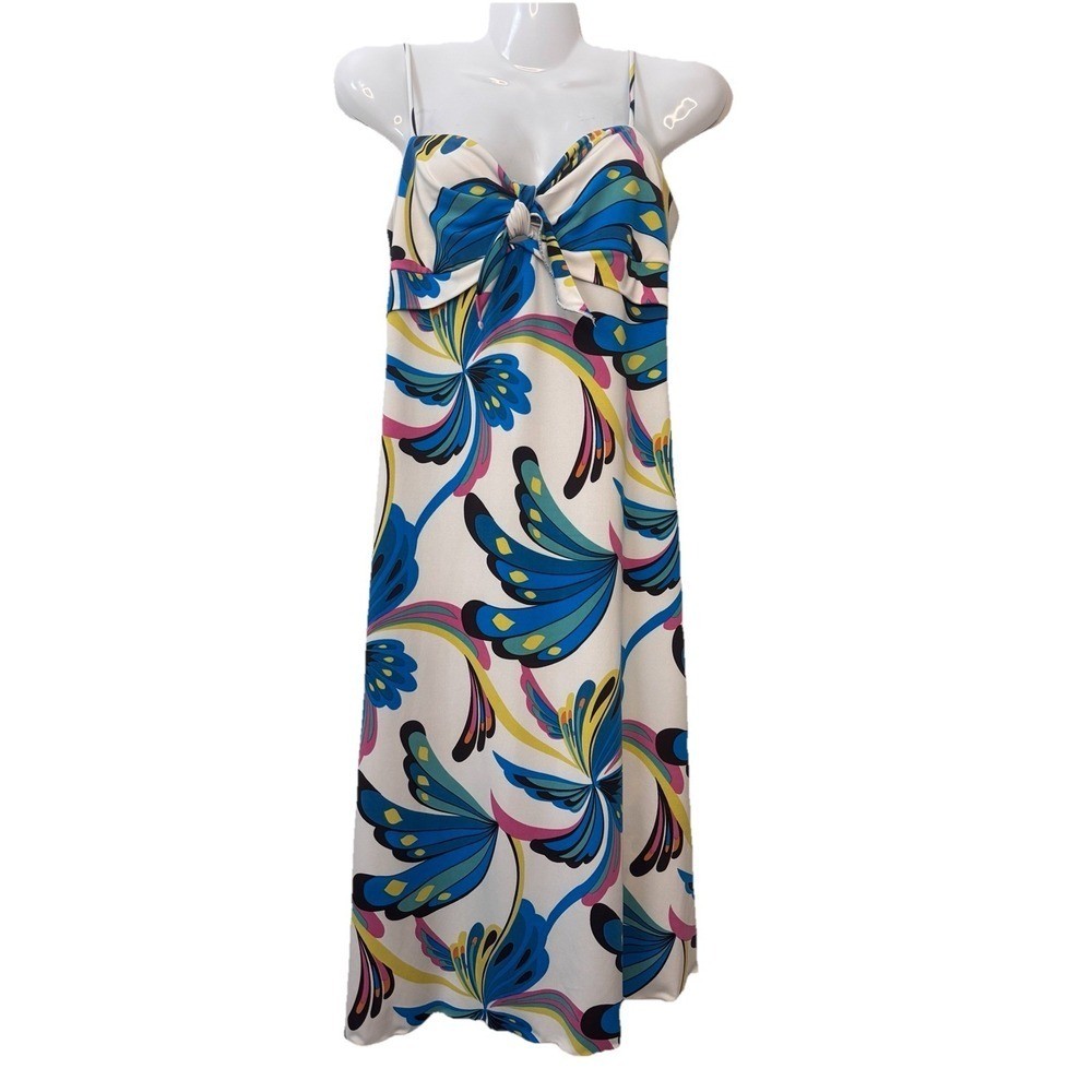 BCBGMAXAZRIA White Blue Peacock Abstract Print Size Small Strappy Mini Dress