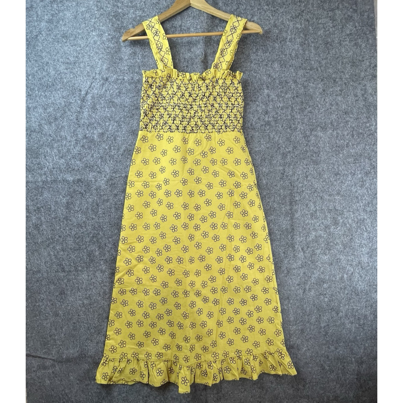 Moodie Dress Small Yellow Retro Mod Shirred Smocked Ruffle Boho Hippie
