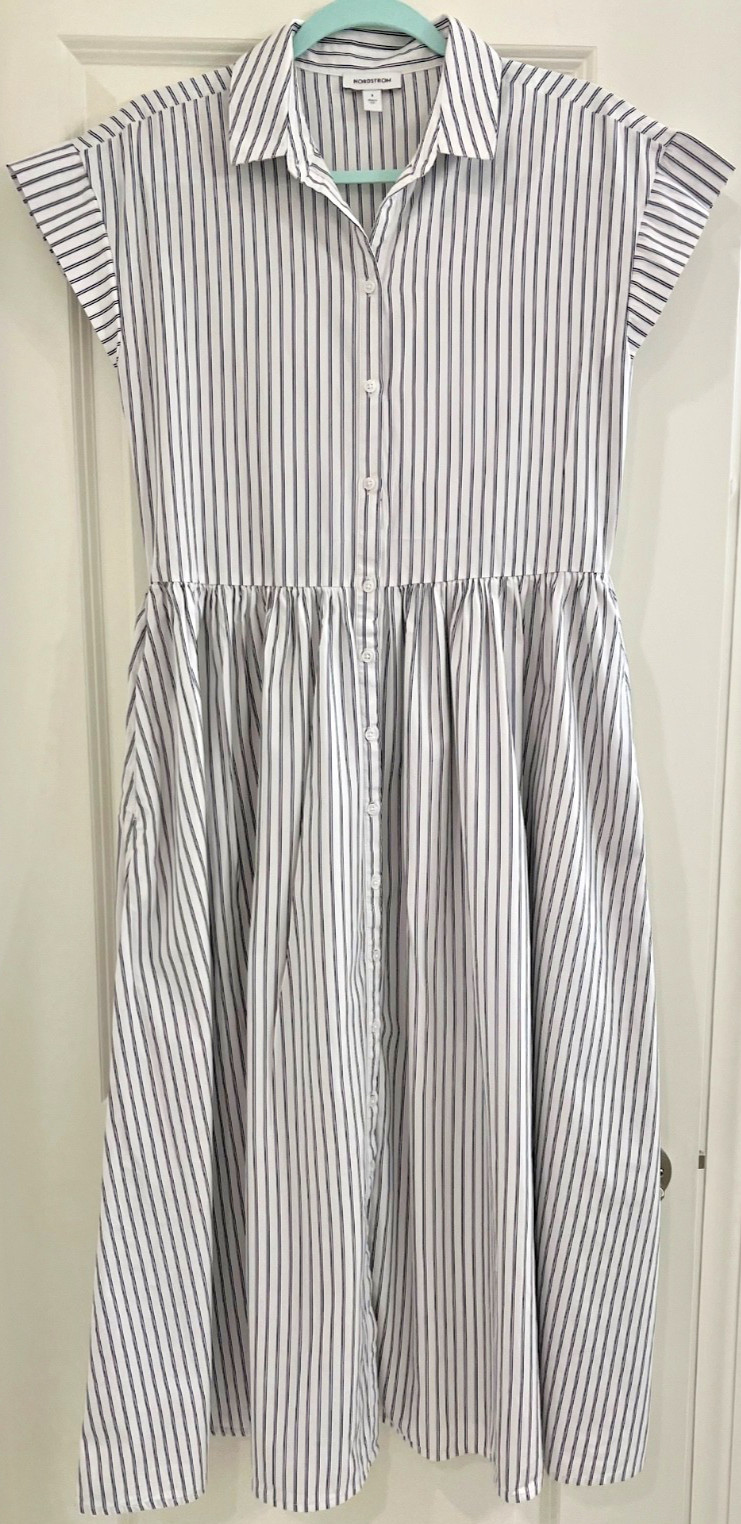 Nordstrom Dress Small 100% Cotton Stripe Full Front Button Collared Flare Bottom