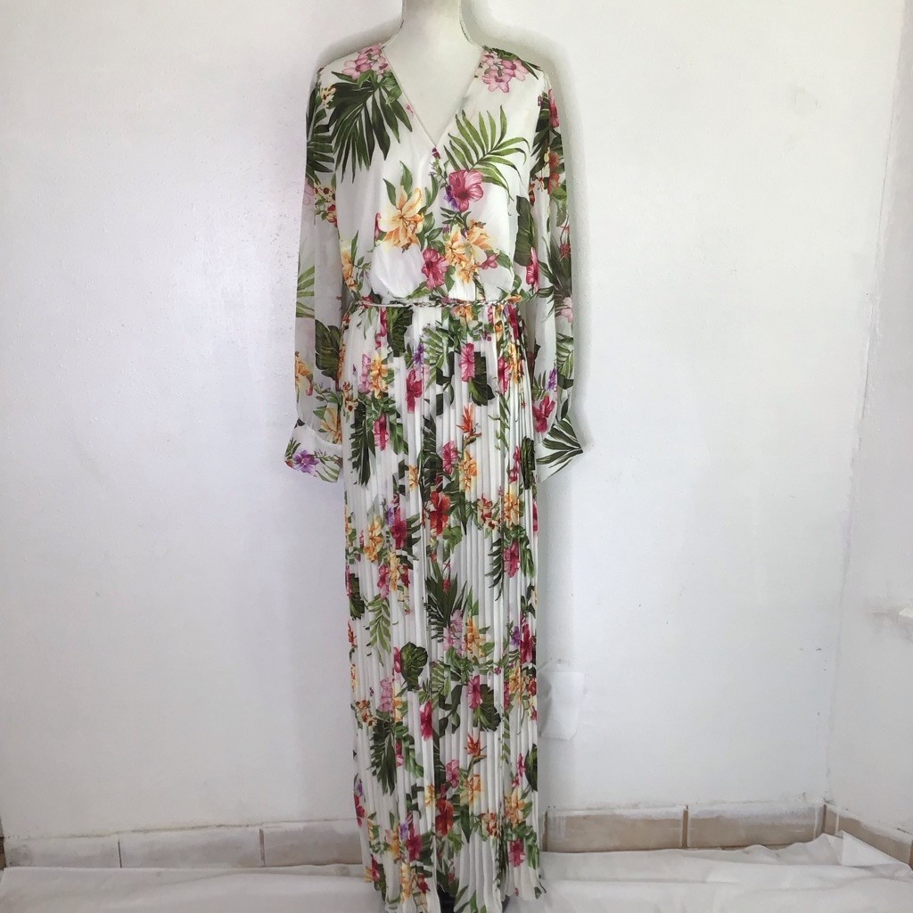 MISS AVENUE Women Elegant White Floral Pleated Maxi Dress 3X