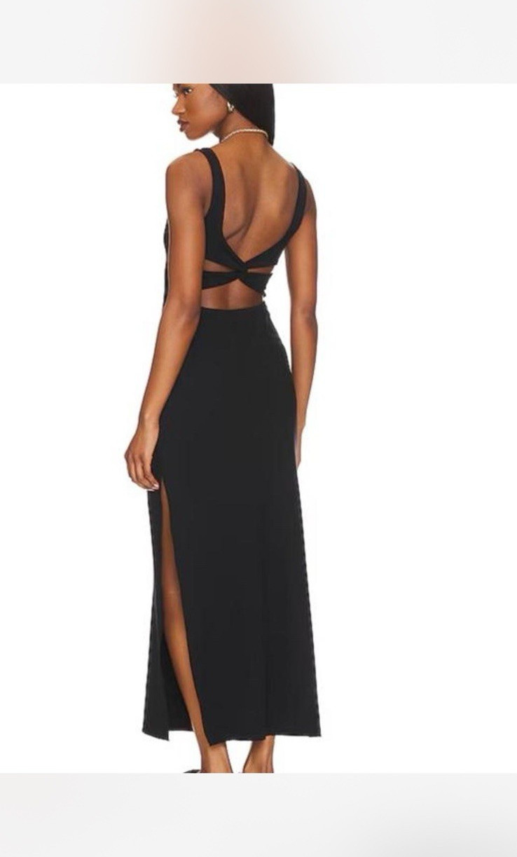 L*Space Women’s Black Solid Ribbed Knit Maxi Dress Square Neck Cut Out Slit M