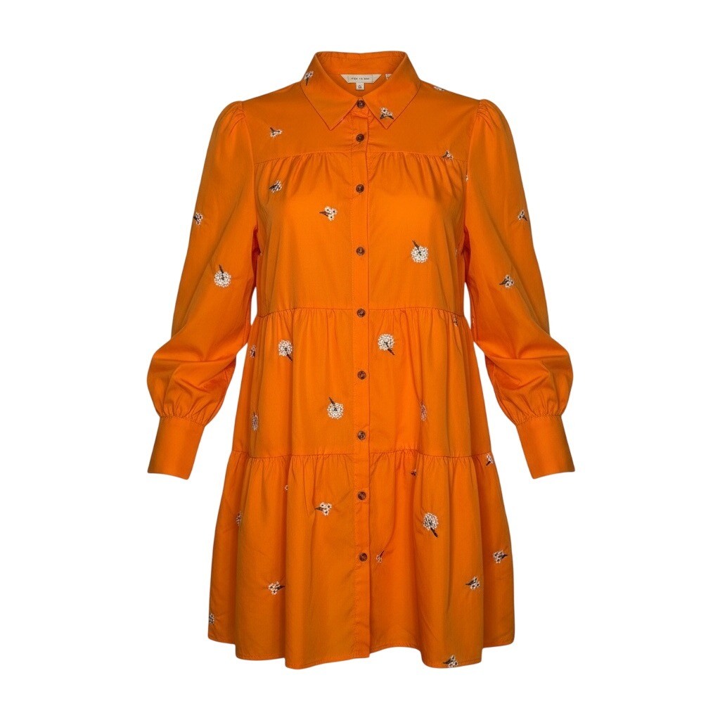 Orange Embroidered Floral Tiered Button Down Shirt Dress Preppy Size Small