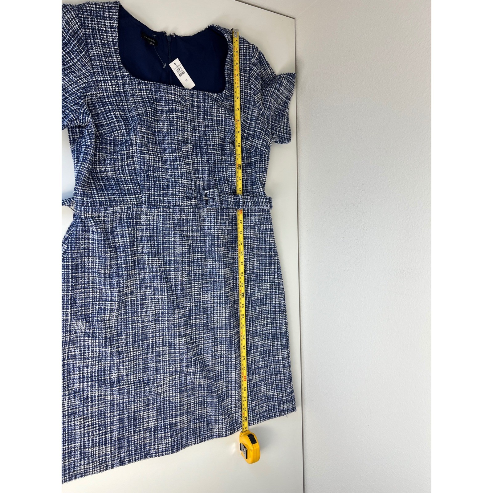 Talbots Tweed Dress Womens 12 Blue White Boucle Belted Sheath Academia Career
