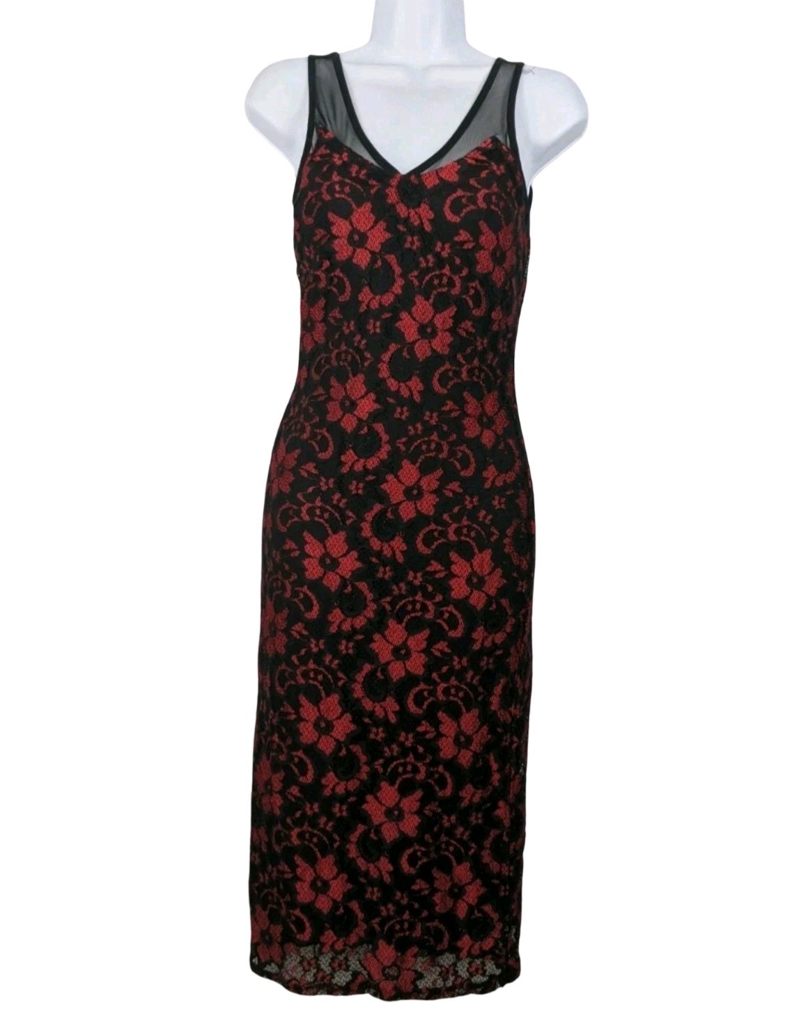 Almost Famous Womens M Black Red Floral Lace Bodycon Midi Dress Mesh Sheer