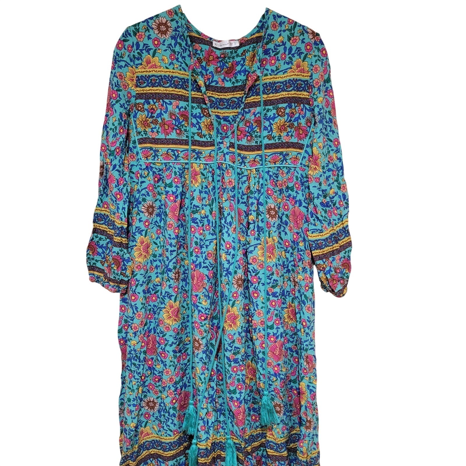 R Vivimos Turquoise Prarie Floral Print Maxi Dress boho Hippie Cottagecore Sz S