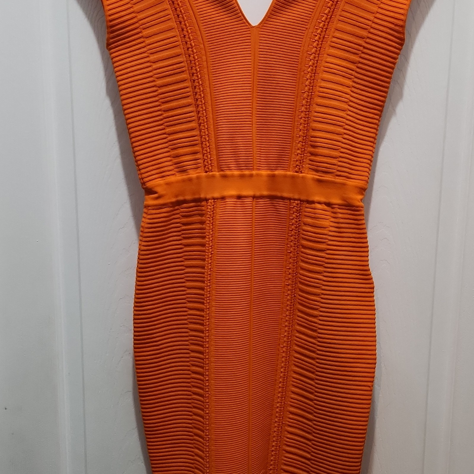 Versace Orange Ribbed Knit Sleeveless V-Neck Bodycon Zip Dress Size EUR 40/ US 8
