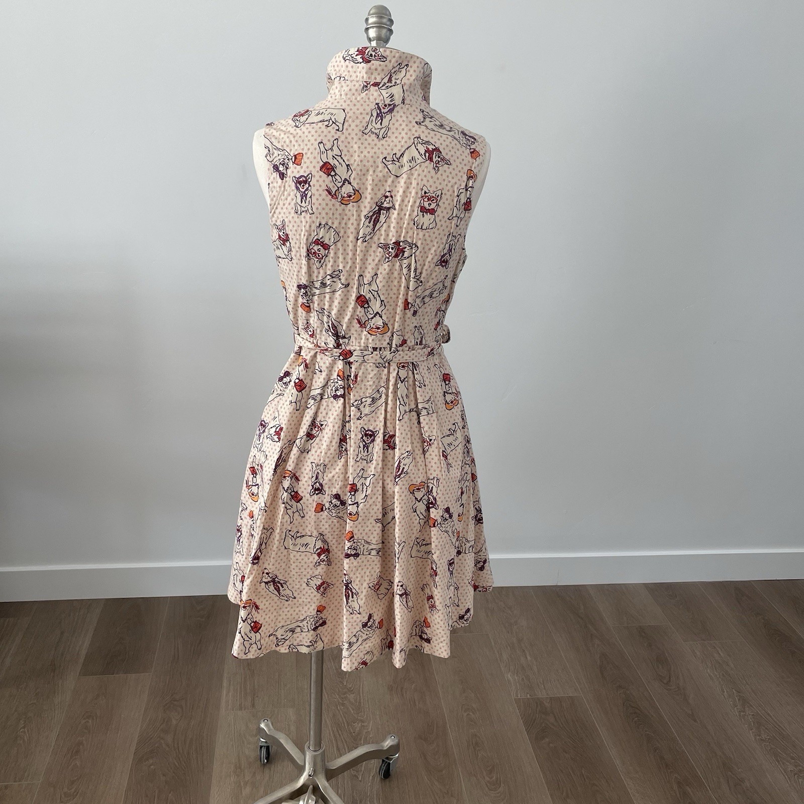 MODCLOTH Cream Polka Dot Community Brunch Bespeckled Corgi Dress MED With Belt