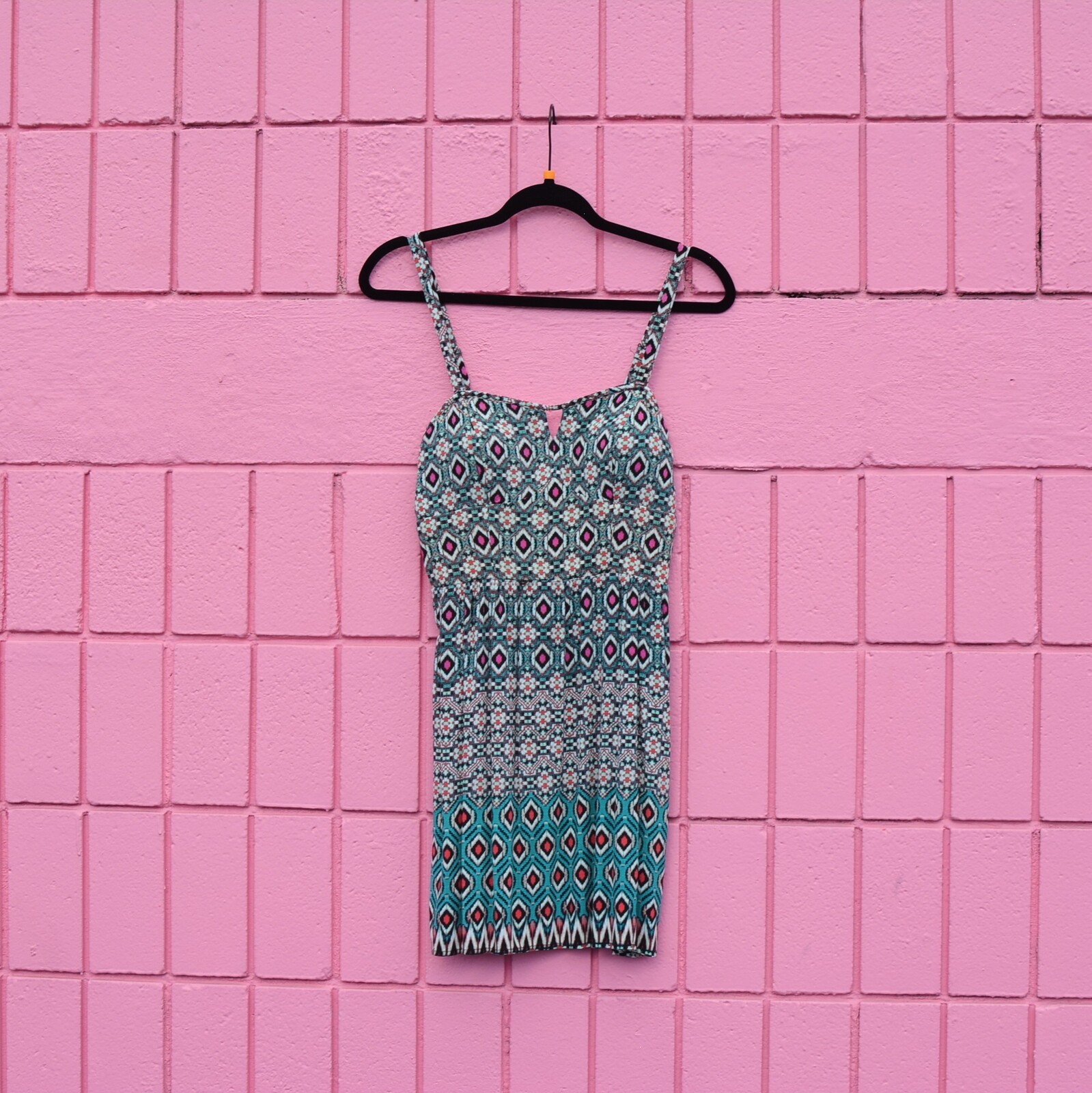 #176 M As U Wish Boho Teal Pink Black Bustier Dress