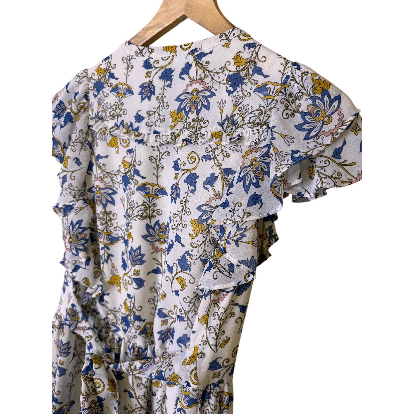 Dip Womens Blue Floral Cottagecore Midi Dress Ruffle Sleeve Tie Back Size Small