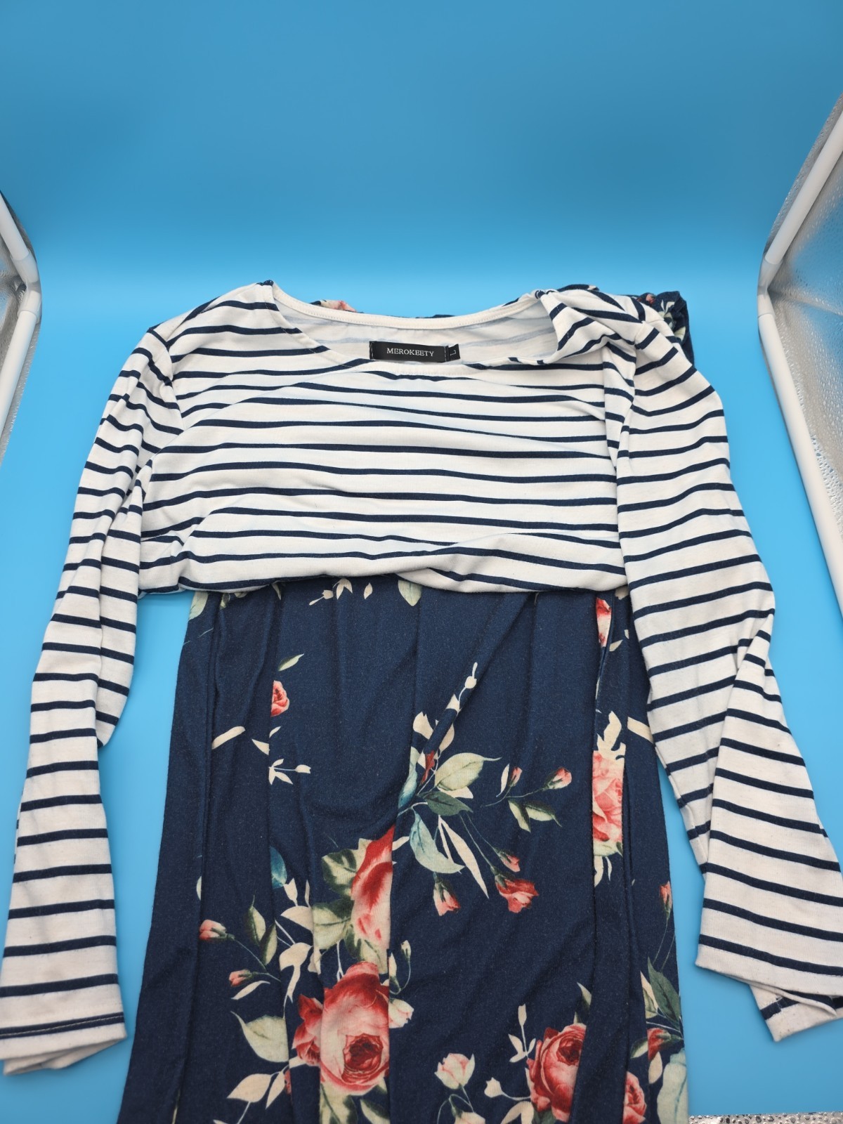 Merokeety L Women’s Dress M Stretchy Silky Floral Sexy Party + White Stripes