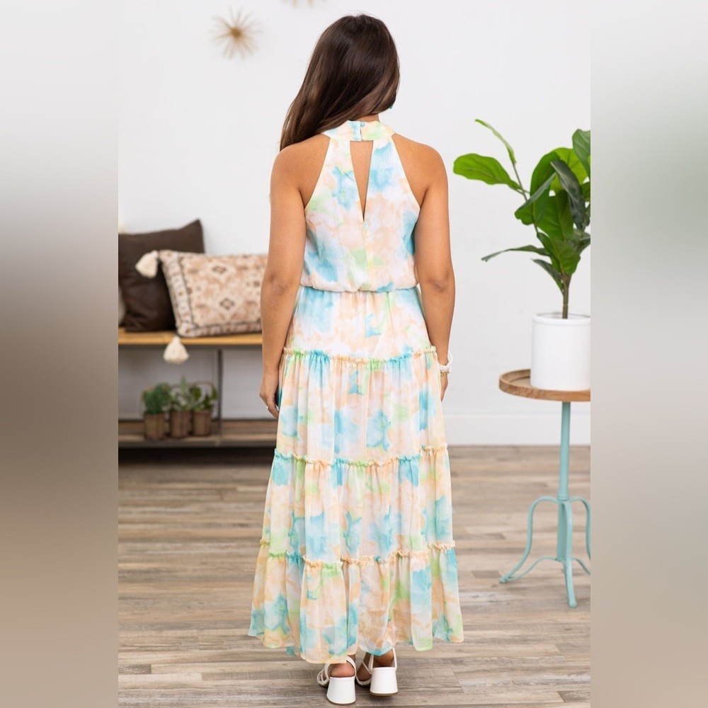 Davi & Dani NEW NWT Peach Multicolor Floral Halter Neck Maxi Dress medium